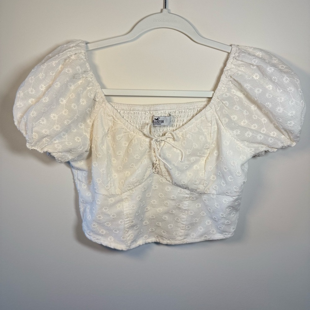 Hollister Womens white Puff Sleeve Cropped Preppy Girly Blouse size Medium